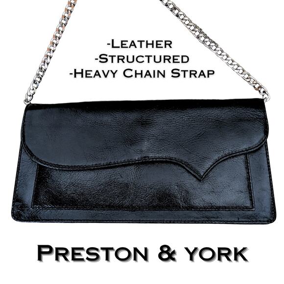 Preston & York Black Leather Shoulder Bag Structured Evening Silver Chain Strap - Picture 1 of 13